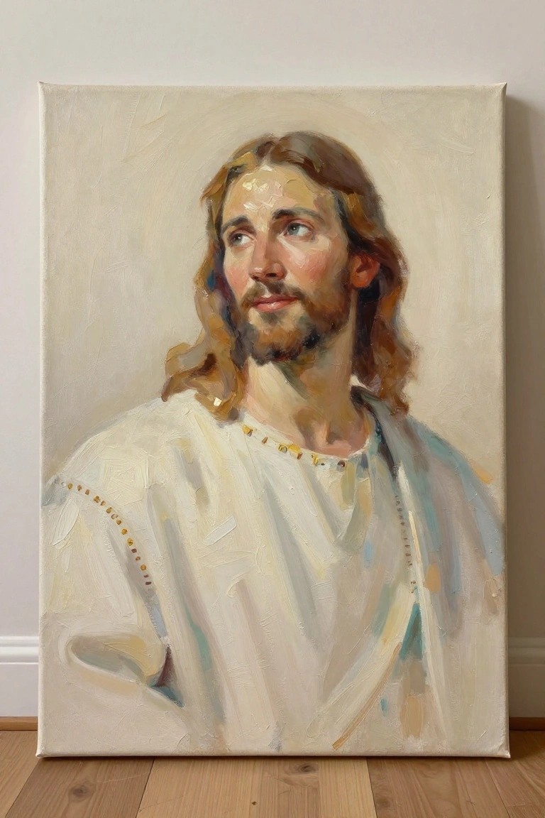 Impressionistic oil painting of Jesus in white robe with gold trim, gazing upward