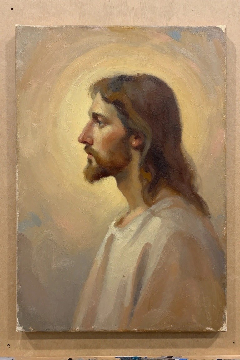 Oil painting of bearded man in profile with long hair, white robe, and glowing halo.