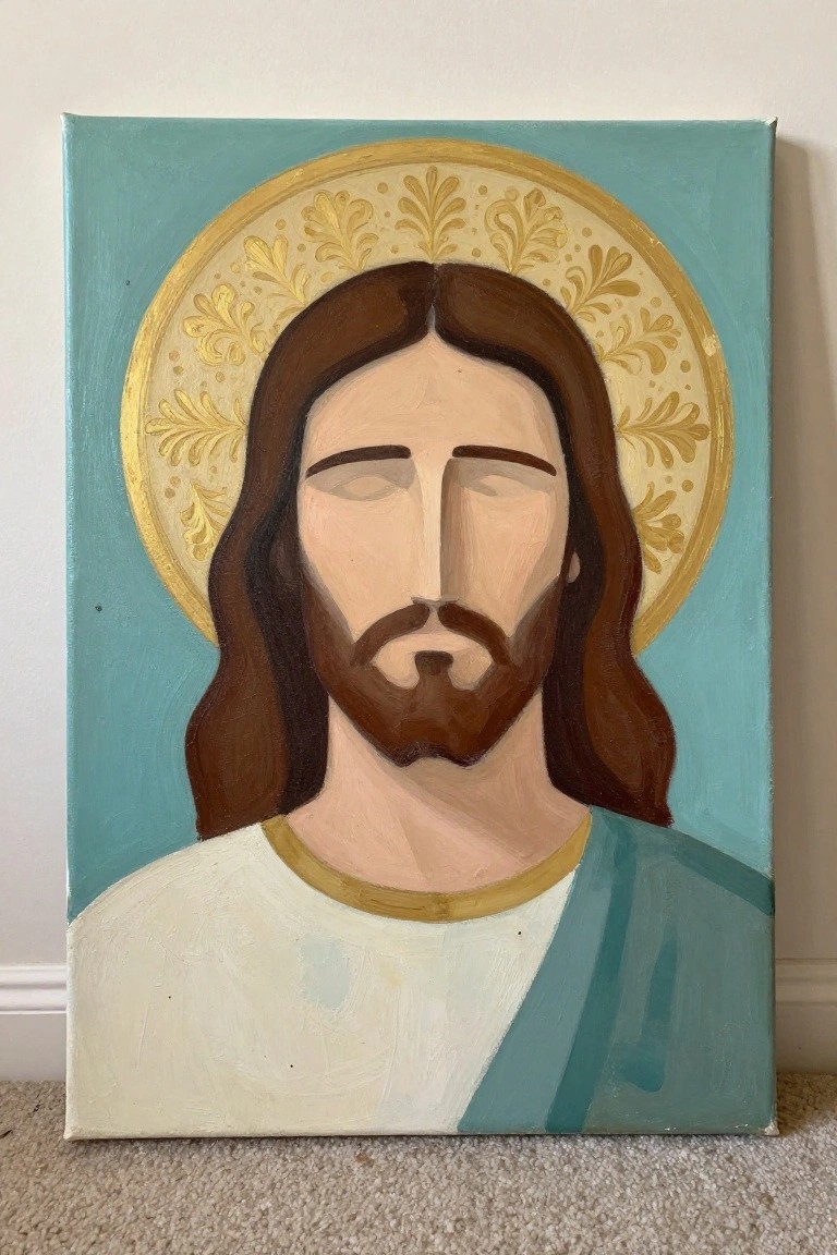 Stylized painting of Jesus with brown hair, beard, white robe, teal shawl, and golden halo.