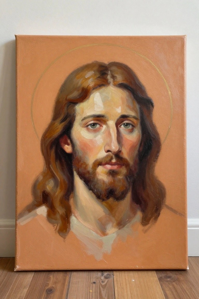 Oil painting of Jesus with long brown hair, beard, white robe, and golden halo.