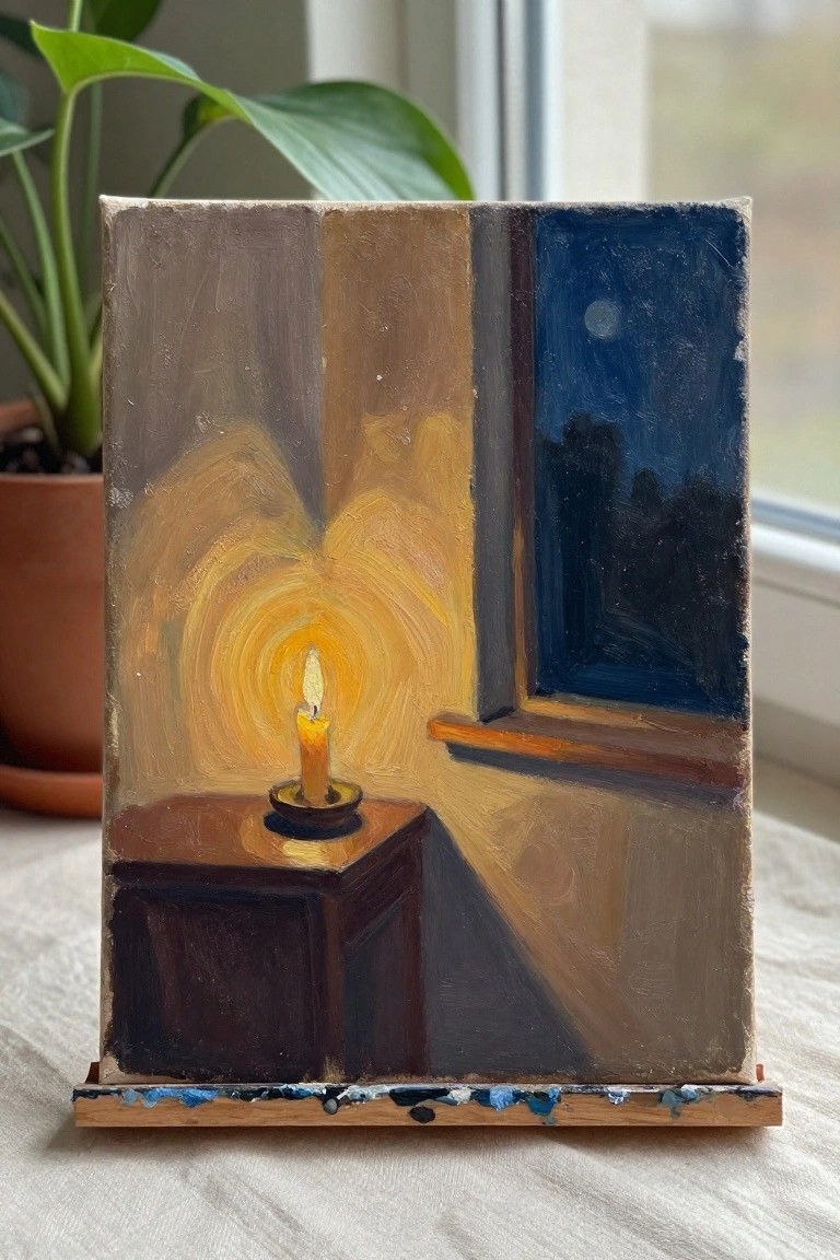 Lit candle on wooden table glows warmly beside moonlit night window.