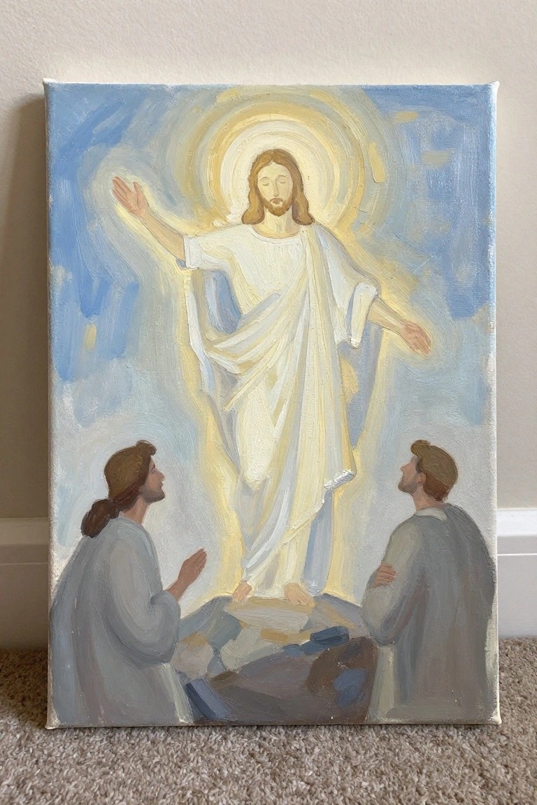 Jesus in glowing white robes with halo above two kneeling men in gray robes.