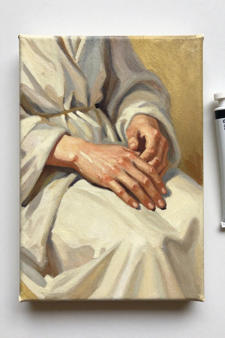 Oil painting of clasped hands in white robes beside paint tube on canvas