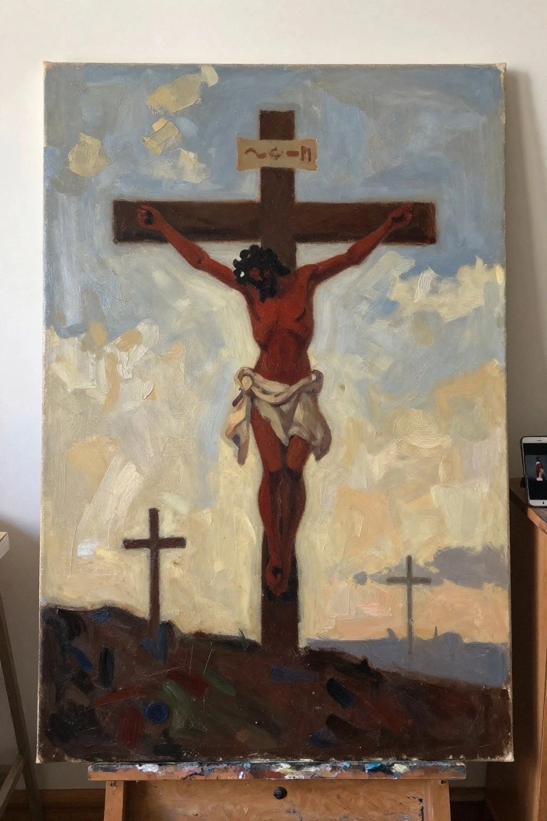 Oil painting of red Jesus crucified on wooden cross under cloudy sky with distant crosses.