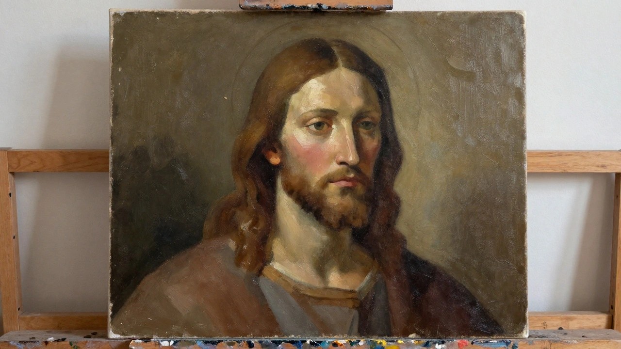Oil painting of Jesus with long brown hair, beard, and halo wearing a brown robe, shown on a wooden easel in a studio.