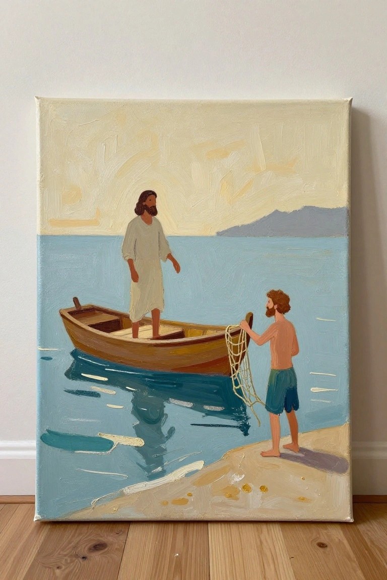 Oil painting of Jesus in boat on water and man holding net on shore