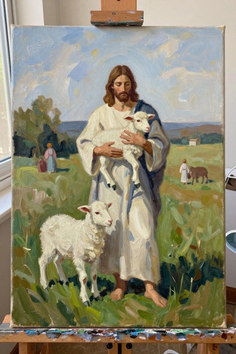 Oil painting of Jesus in white robes holding a lamb beside another in green field on easel.