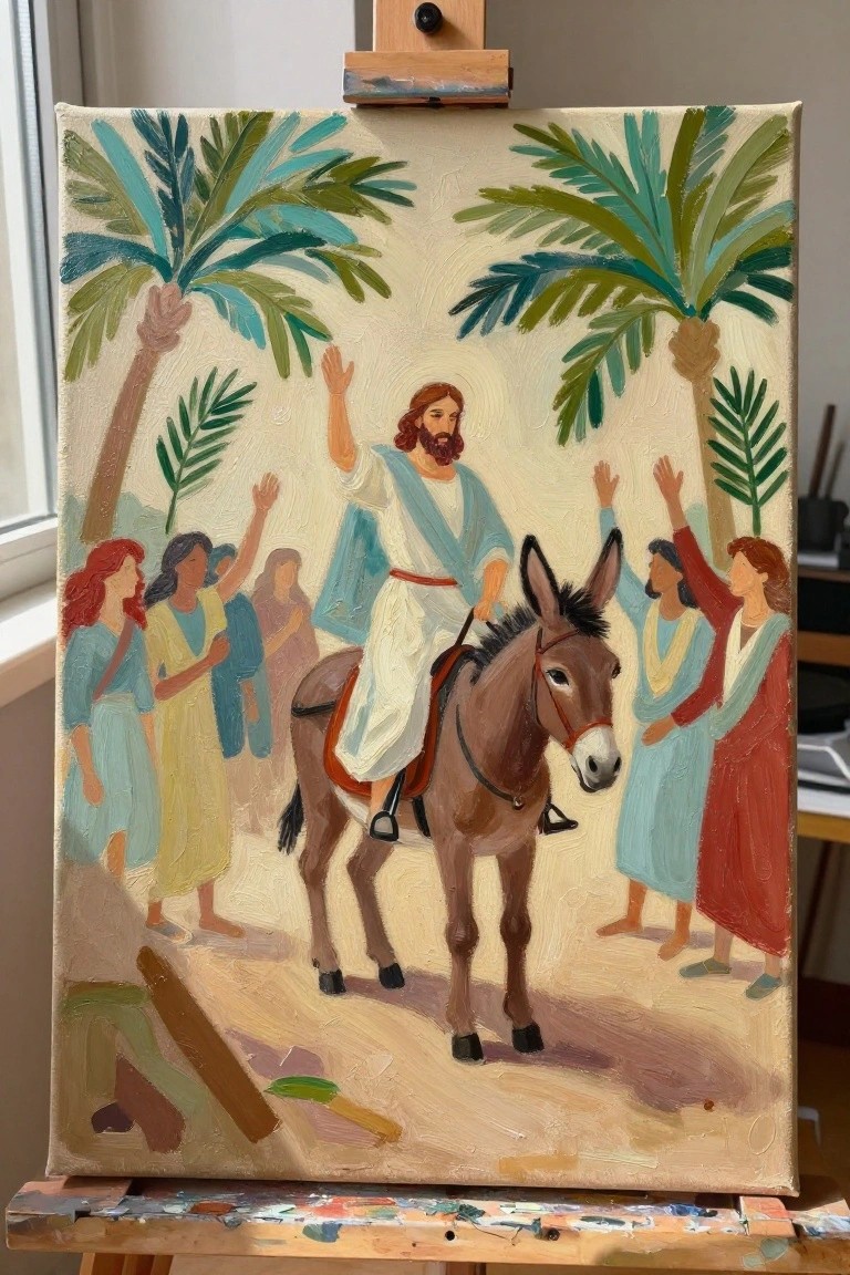 Jesus on donkey waves to palm-waving crowd in colorful biblical scene painting