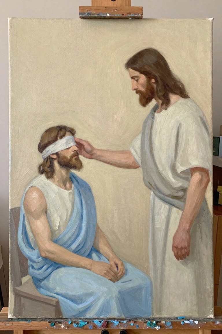 Oil painting of standing man in white robes touching seated blindfolded man's forehead.