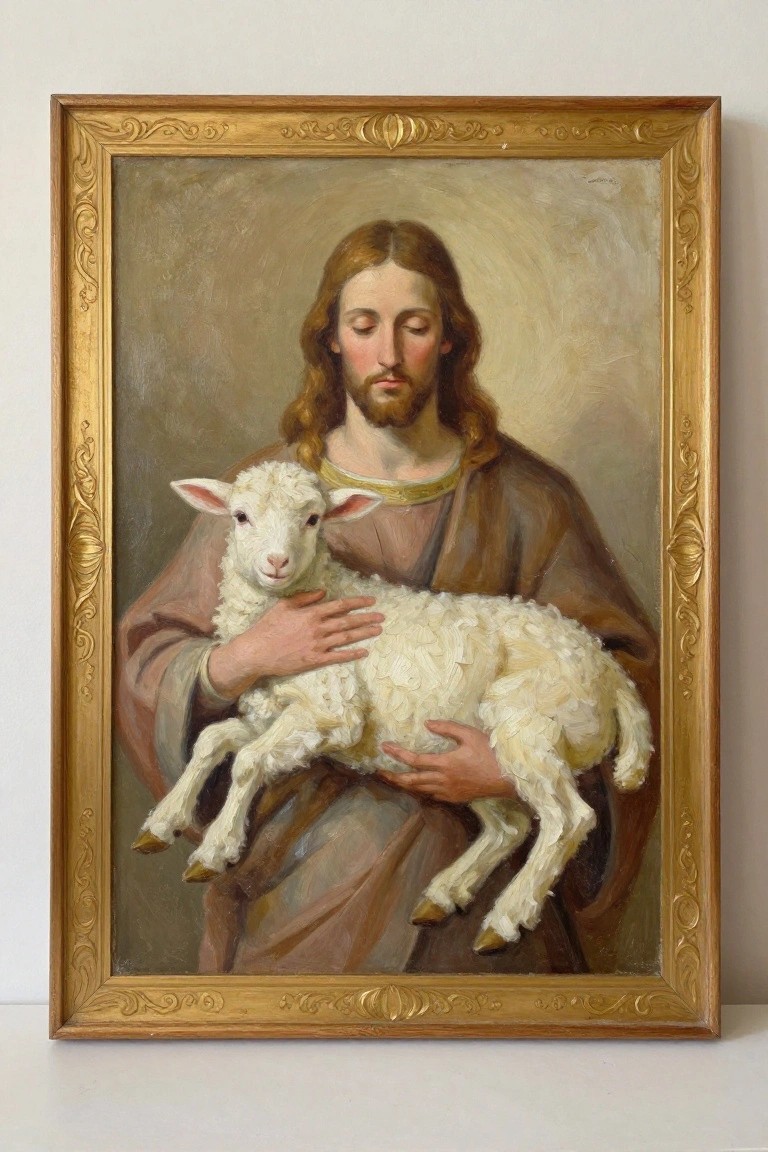 Long-haired bearded man in brown robes holds white lamb, ornate golden frame