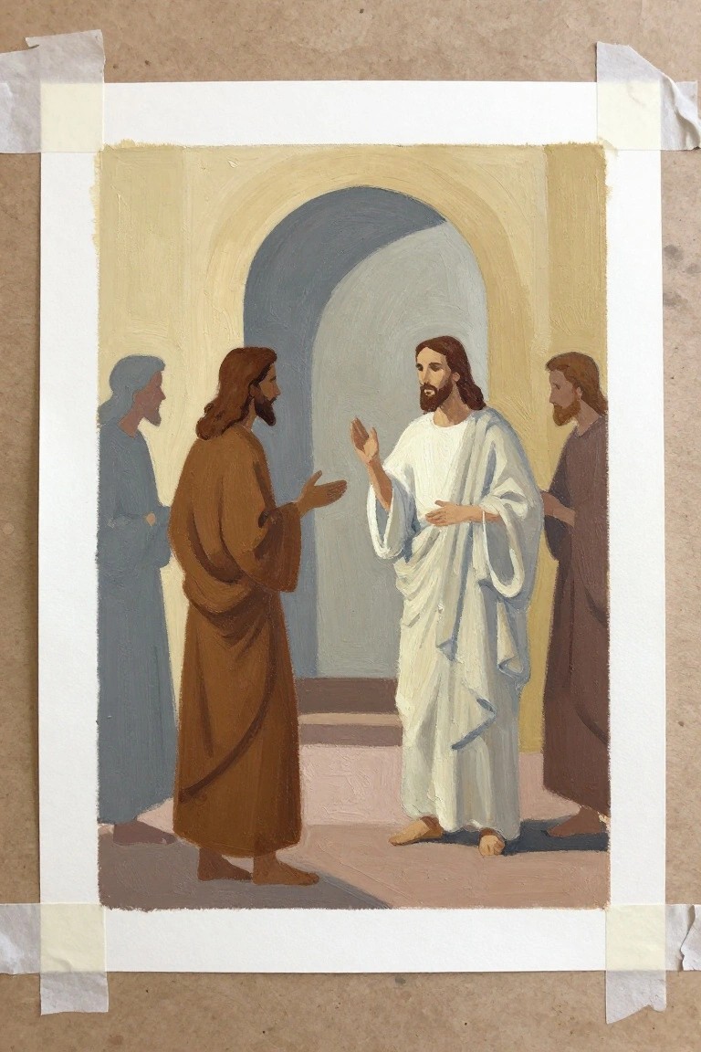 Jesus in white robes gestures to a man in brown under a stone arch.