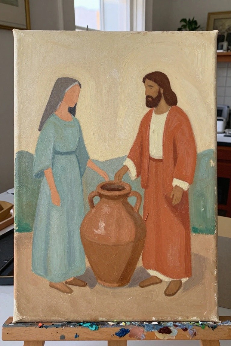 Woman in blue dress and bearded man in orange robe reach for large brown vase.