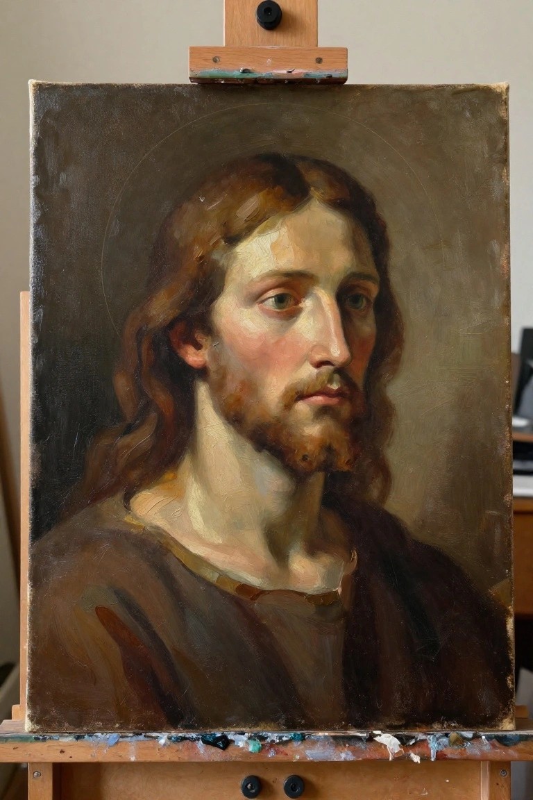 Oil painting of Jesus with long brown hair, beard, and halo wearing a brown robe, shown on a wooden easel in a studio.