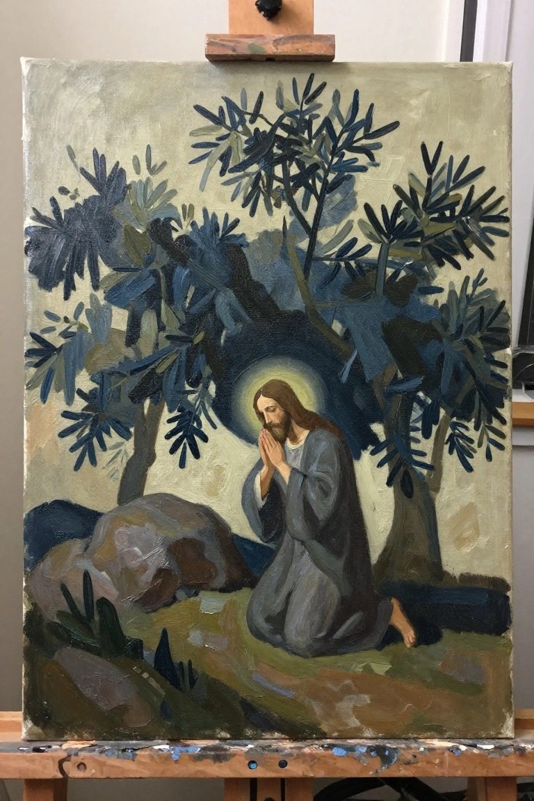 Jesus in gray robe kneels praying under dark trees with glowing halo