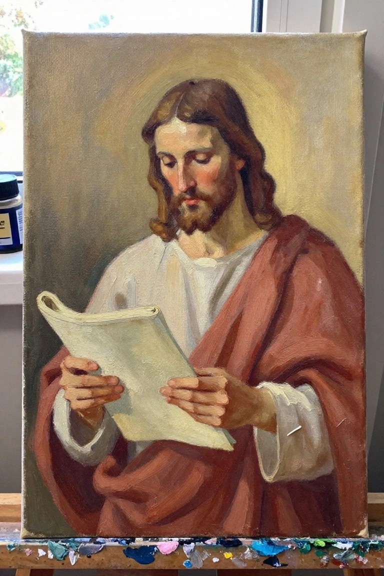Haloed Jesus reads scroll in white tunic and red robe, oil painting on easel