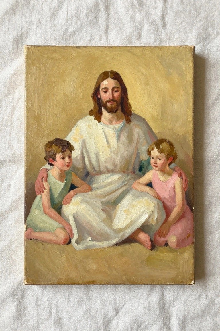 Jesus in white robes with halo, embracing children in green and pink outfits.