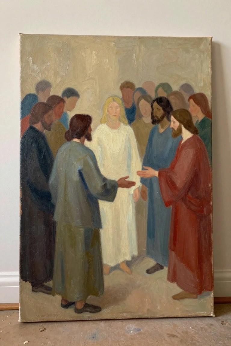 Impressionistic painting of robed men surrounding a central figure in white.