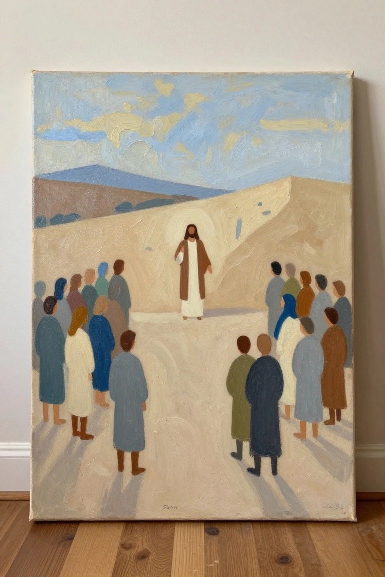 Jesus with halo in white robe faces crowd in colorful robes on sandy hillside