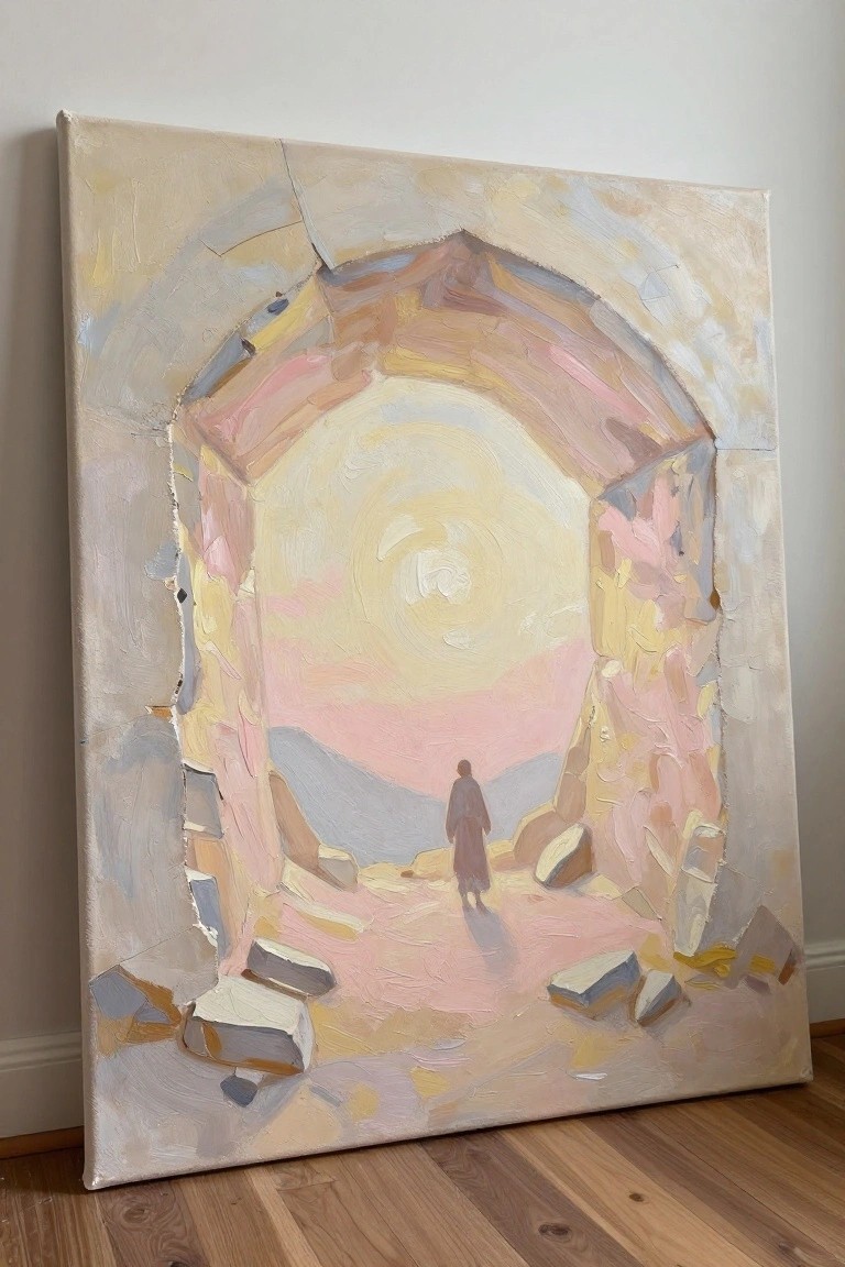 Abstract oil painting of robed figure in crumbling archway under swirling pink-yellow sky.