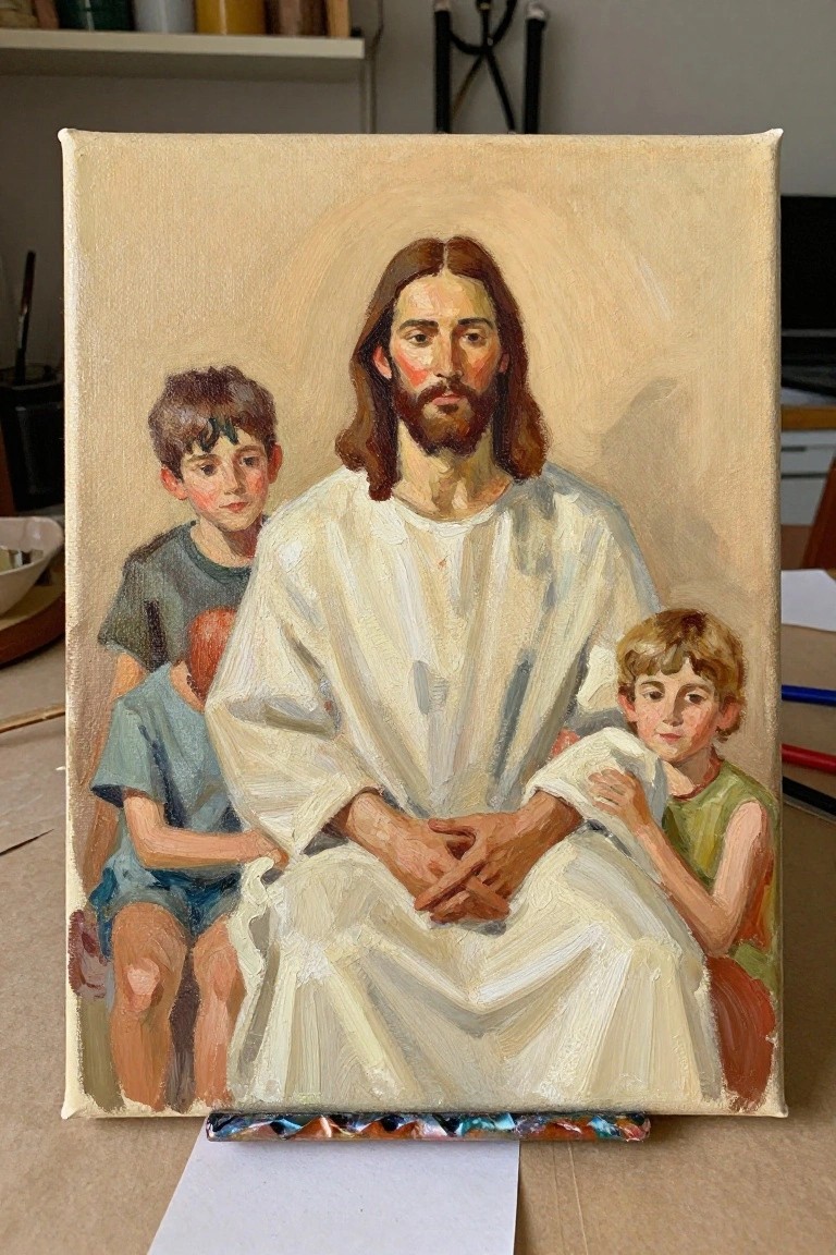 An oil painting of Jesus in white robes seated with two young boys, one in blue shorts and one in a green shirt.