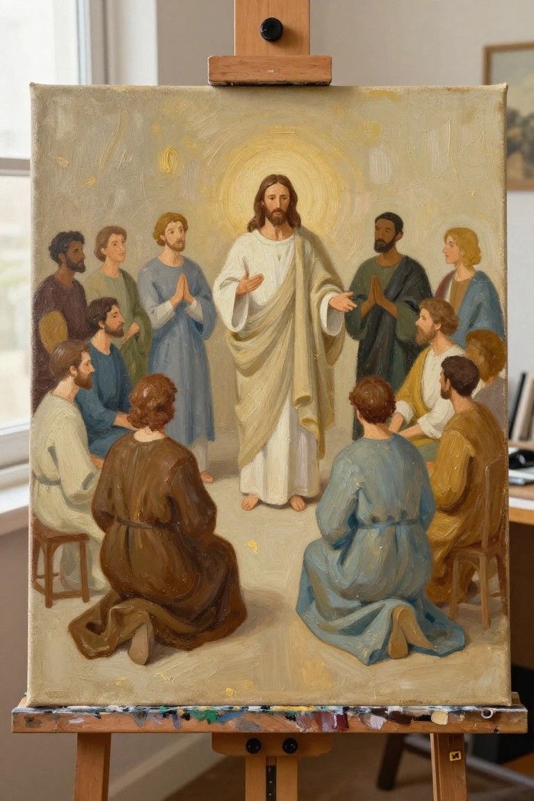 Oil painting of Jesus standing among his disciples, some kneeling, with a glowing halo effect.