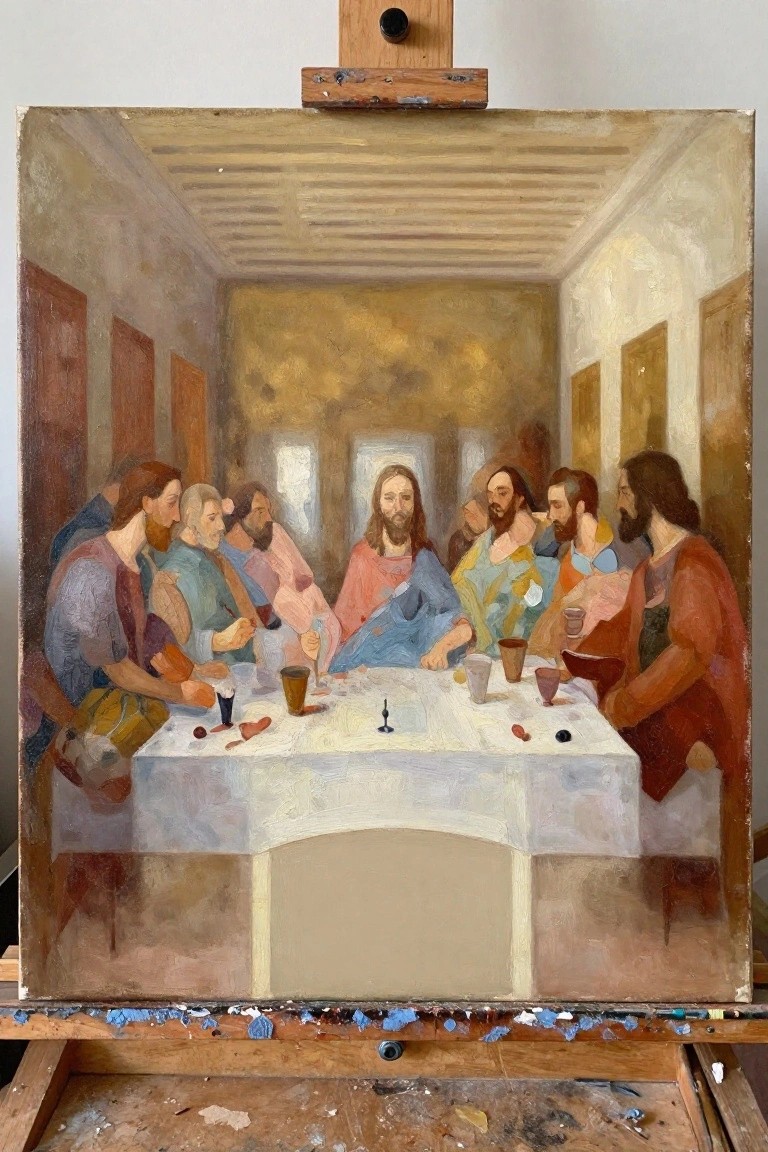 Painting on easel of robed apostles around white table with cups in wooden room