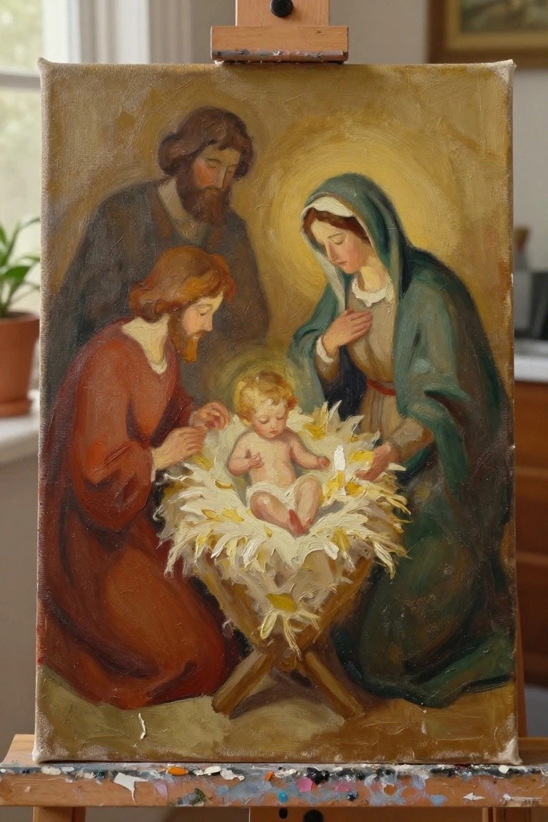 Oil painting of Mary in green robe, Joseph, and baby Jesus in straw manger with kneeling figure