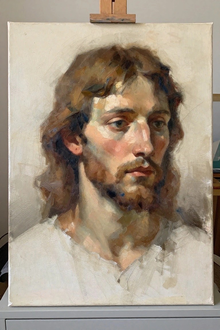An oil painting of Jesus with long brown hair, a beard, and a white garment on a canvas resting on an easel.