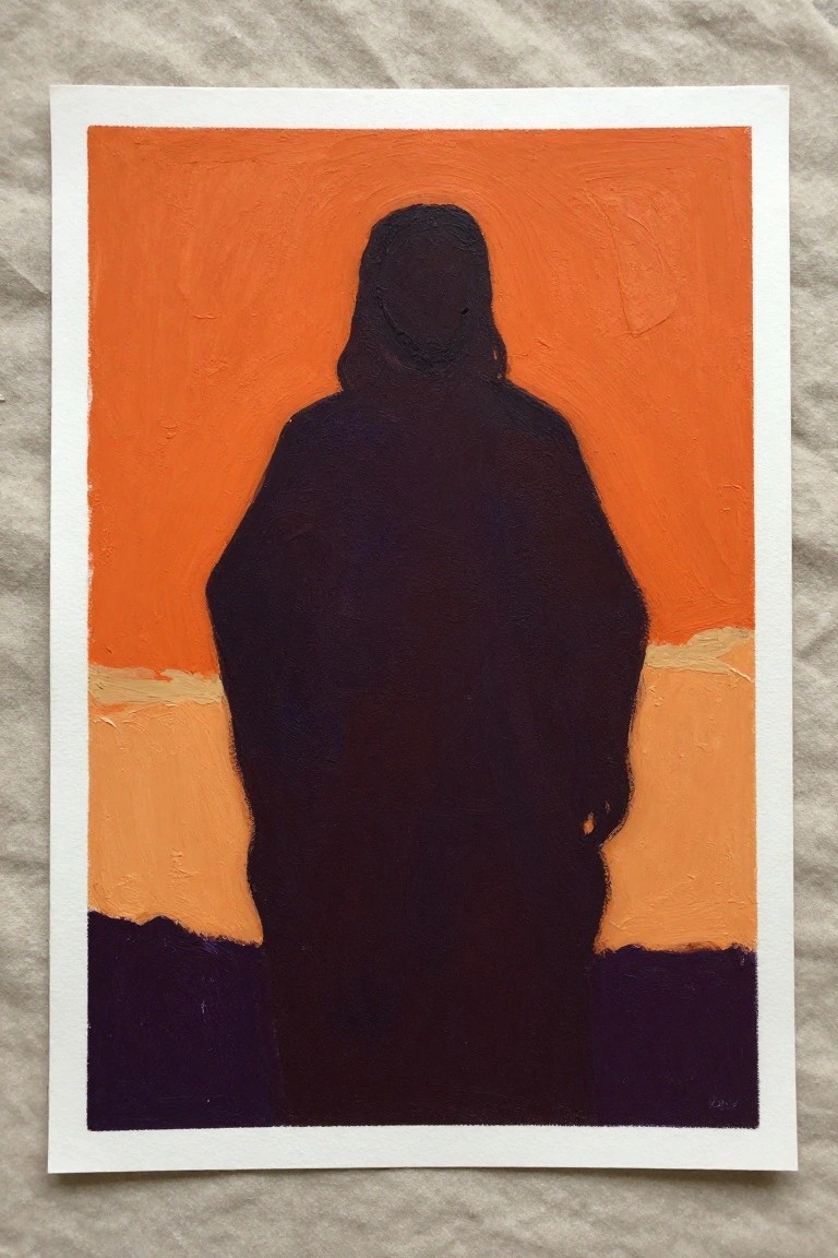 An oil painting shows a dark robed figure seen from behind against a solid orange sky and simple horizon line.