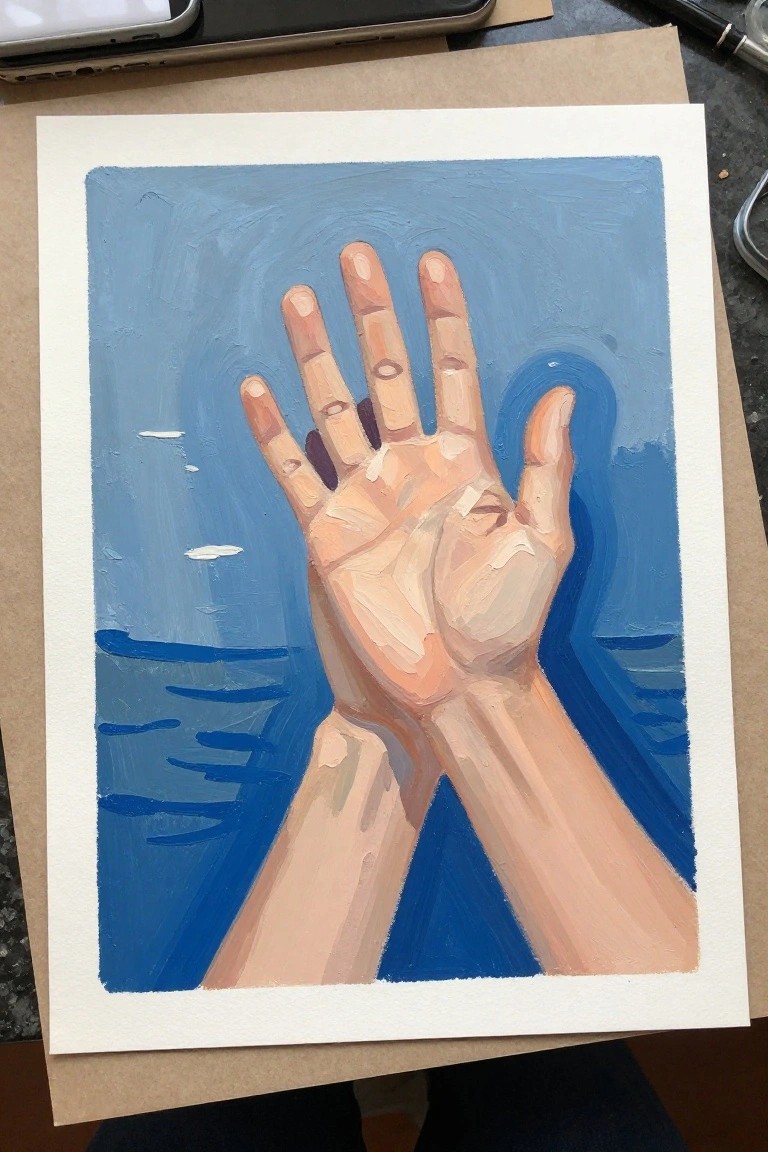 Two hands raised with palms forward against a blue watery painted background