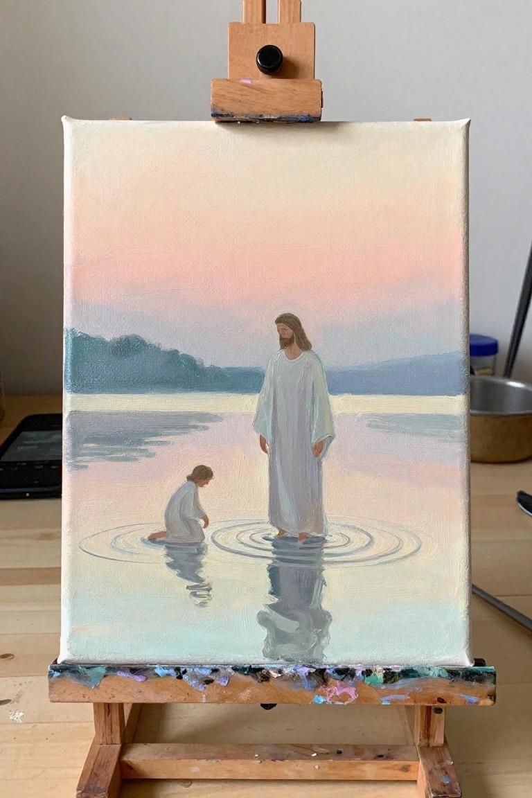 Canvas on easel shows two white-robed figures in rippling water under soft pink sky.