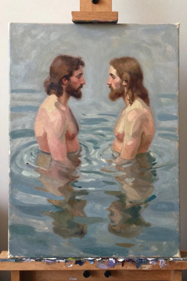 Oil painting on easel of two bearded men facing each other in blue water