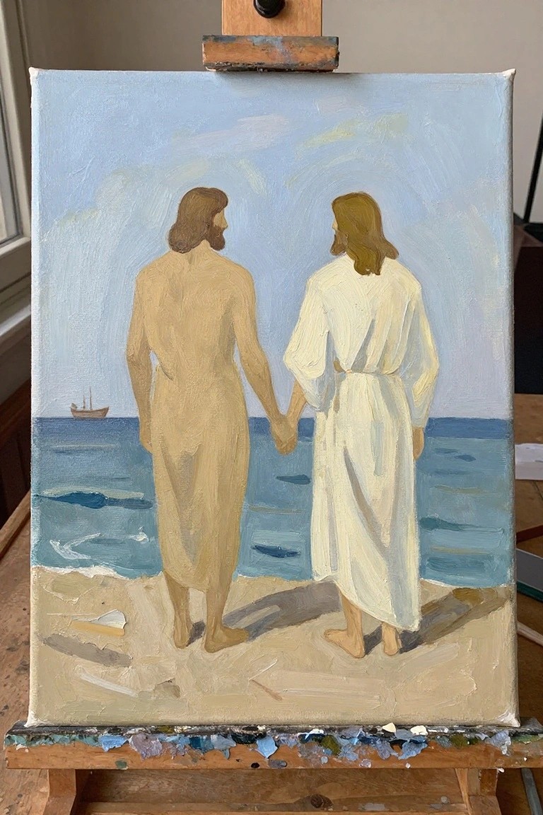 Oil painting on easel of two bearded men in robes holding hands on beach