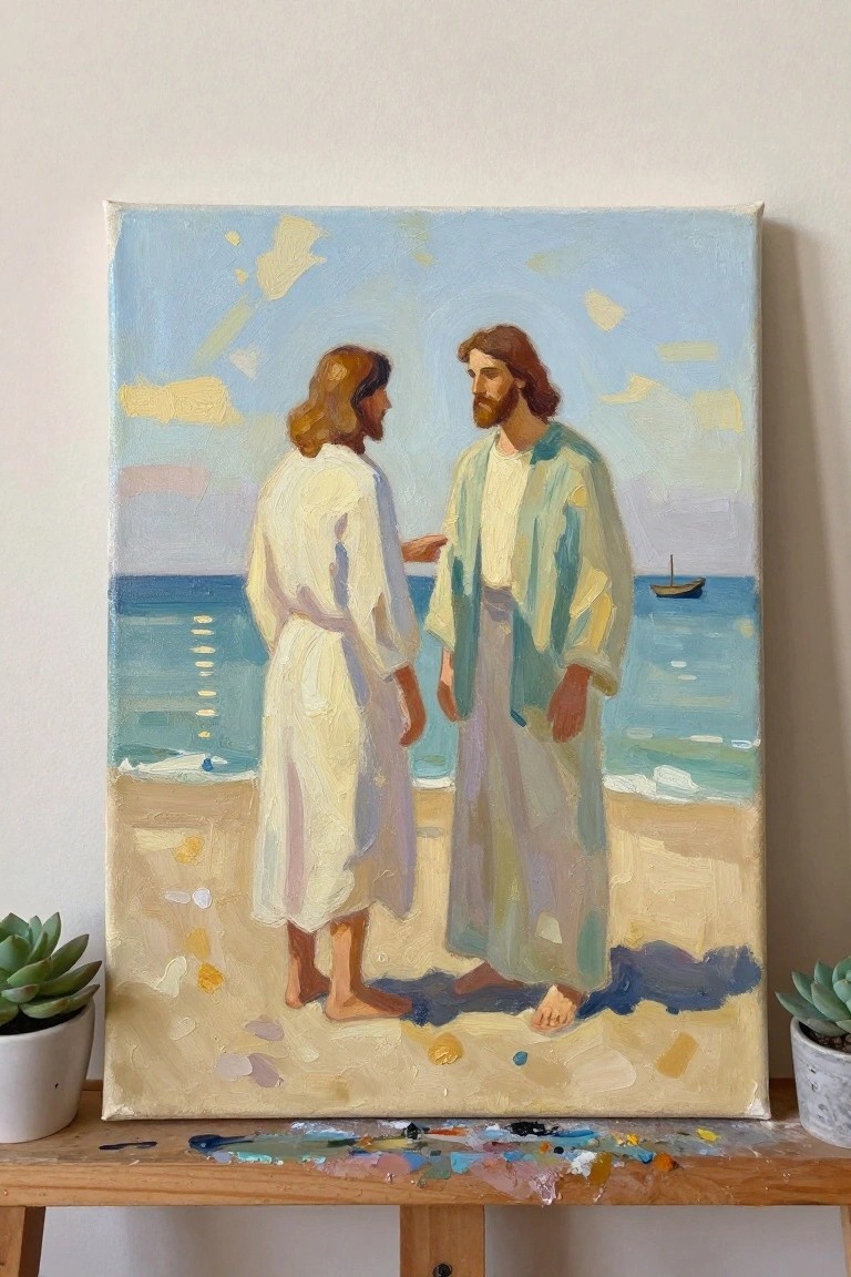 Two robed men converse on a sunny beach beside the sea, oil painting on easel.