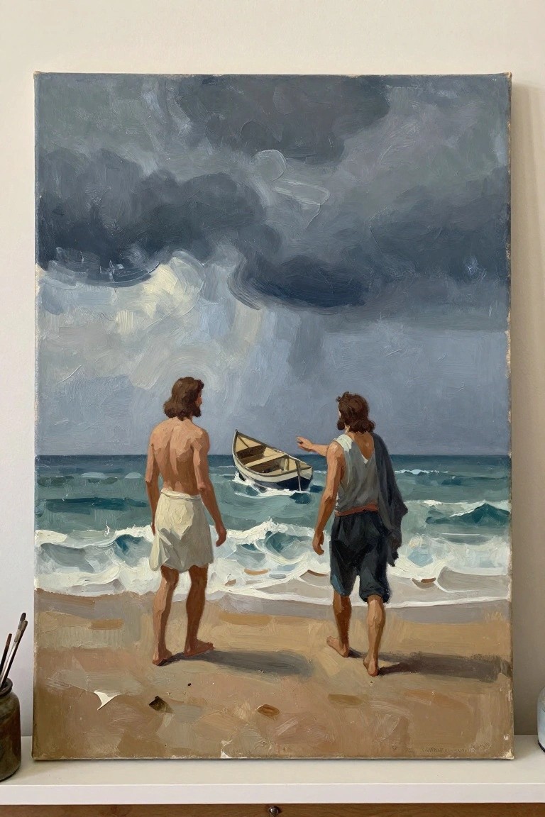 Two men on beach gaze at boat in rough sea under dark stormy clouds
