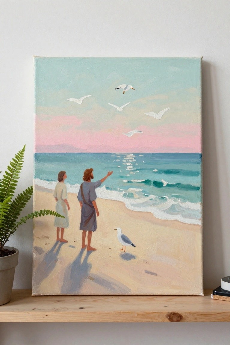 Two robed figures on a beach point at seagulls over turquoise waves under a pink sunset sky