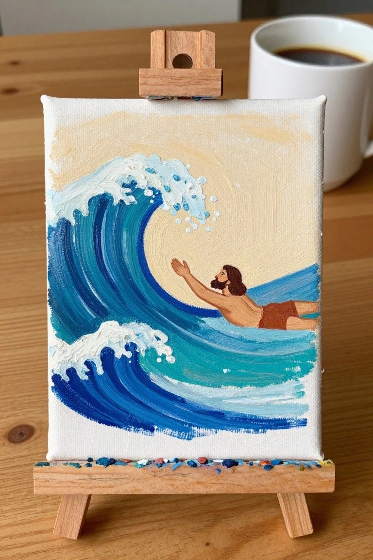 Small canvas on easel shows bearded man in brown shorts reaching toward blue wave, mug nearby.
