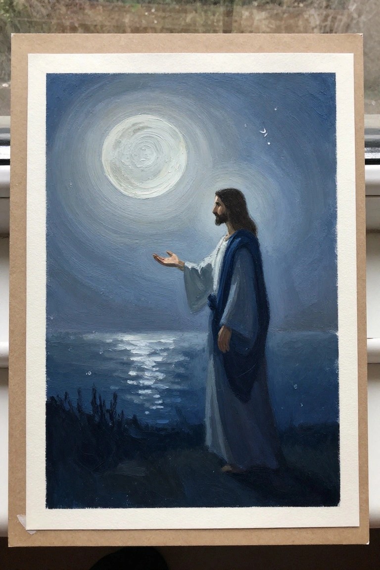 Bearded Jesus in white robe and blue cloak reaches toward swirling moon above dark sea.