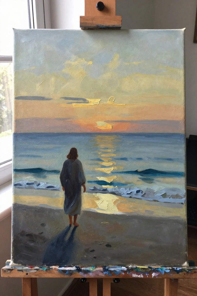 Oil painting on easel of robed figure at sunset beach with golden ocean reflections.