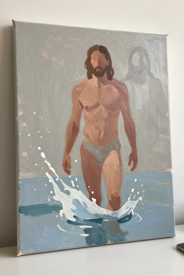 Muscular bearded man in briefs wades through splashing blue water, faint figure behind.