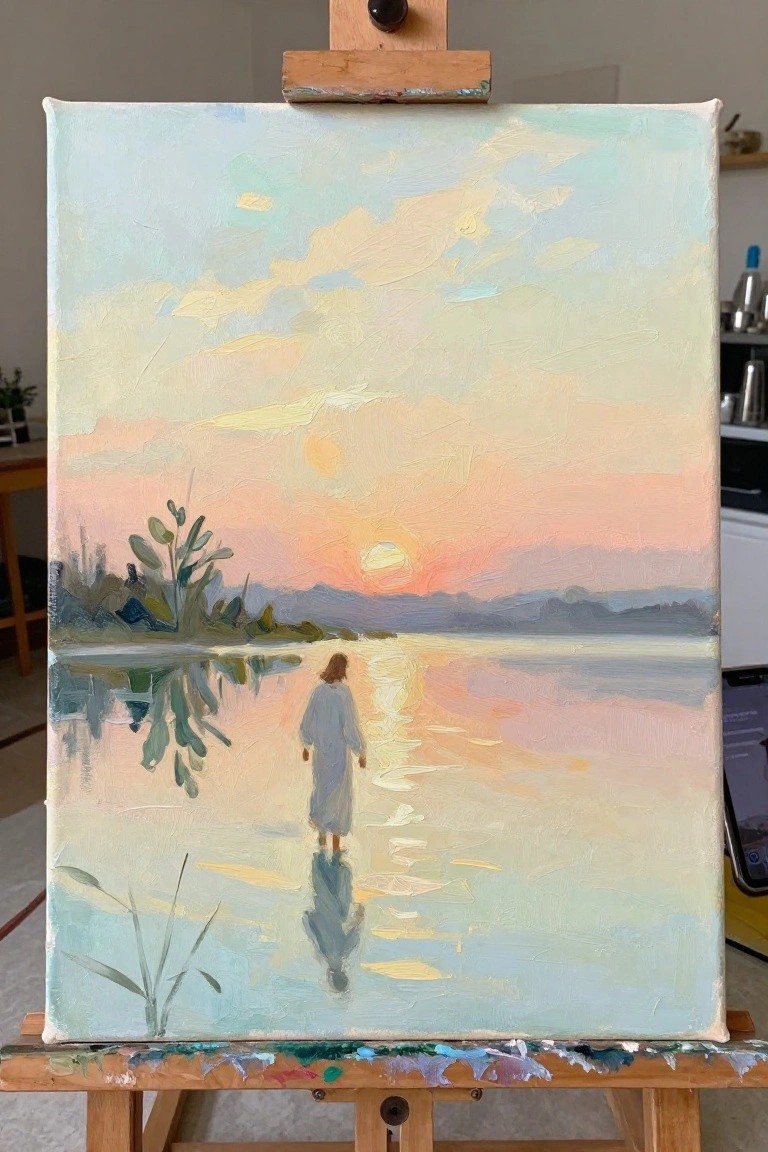 An oil painting of a robed figure walking on water toward a glowing sunset with reflections on the surface and distant hills.