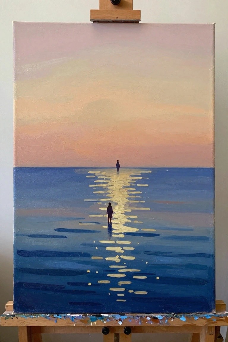 Painting on easel shows two figures on glowing path across blue sea under pink-orange sky