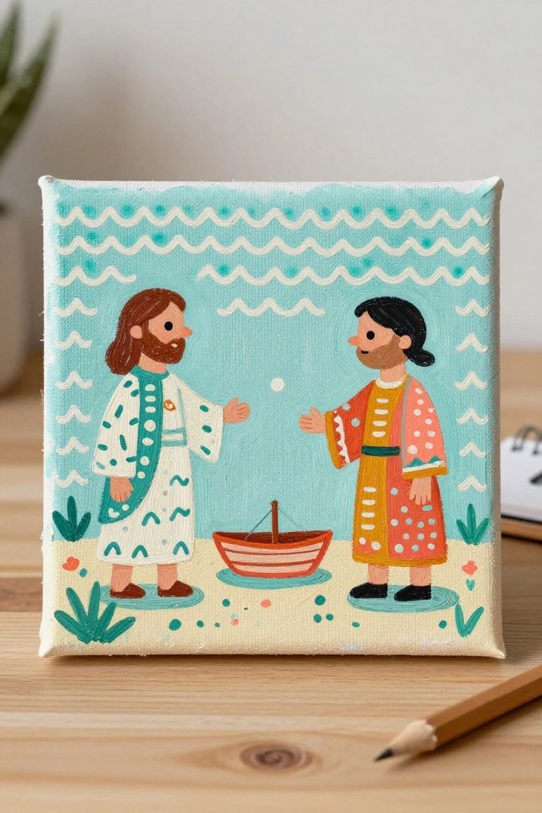 Two bearded men in patterned robes stand by a small boat under wavy blue sky.