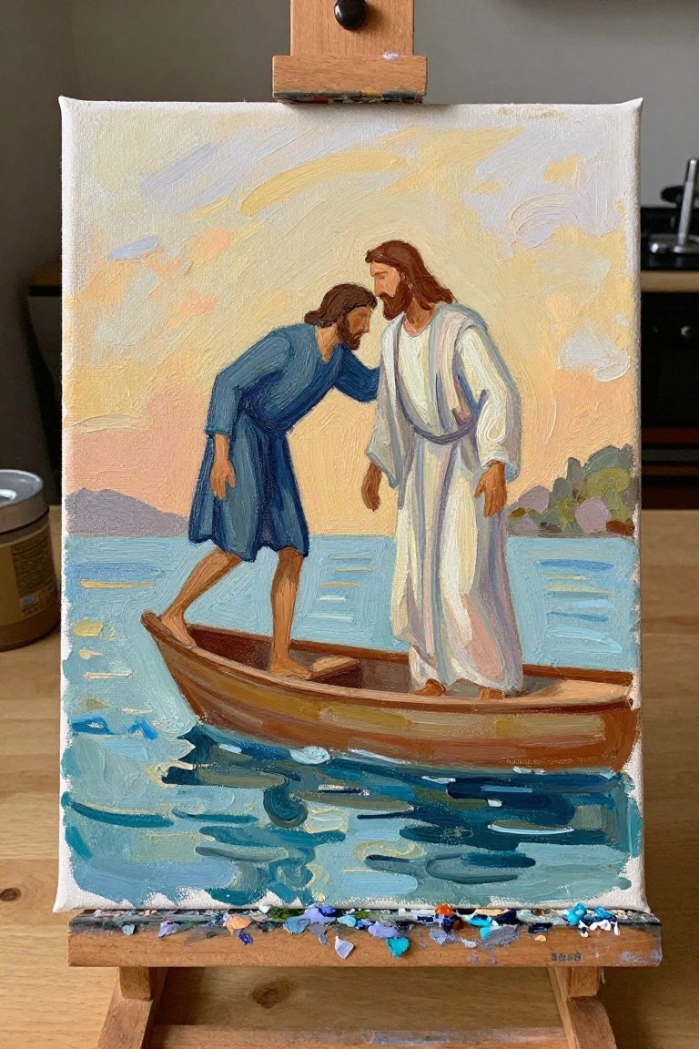Oil painting of Jesus standing on water next to a wooden boat where Peter leans forward from inside the boat.