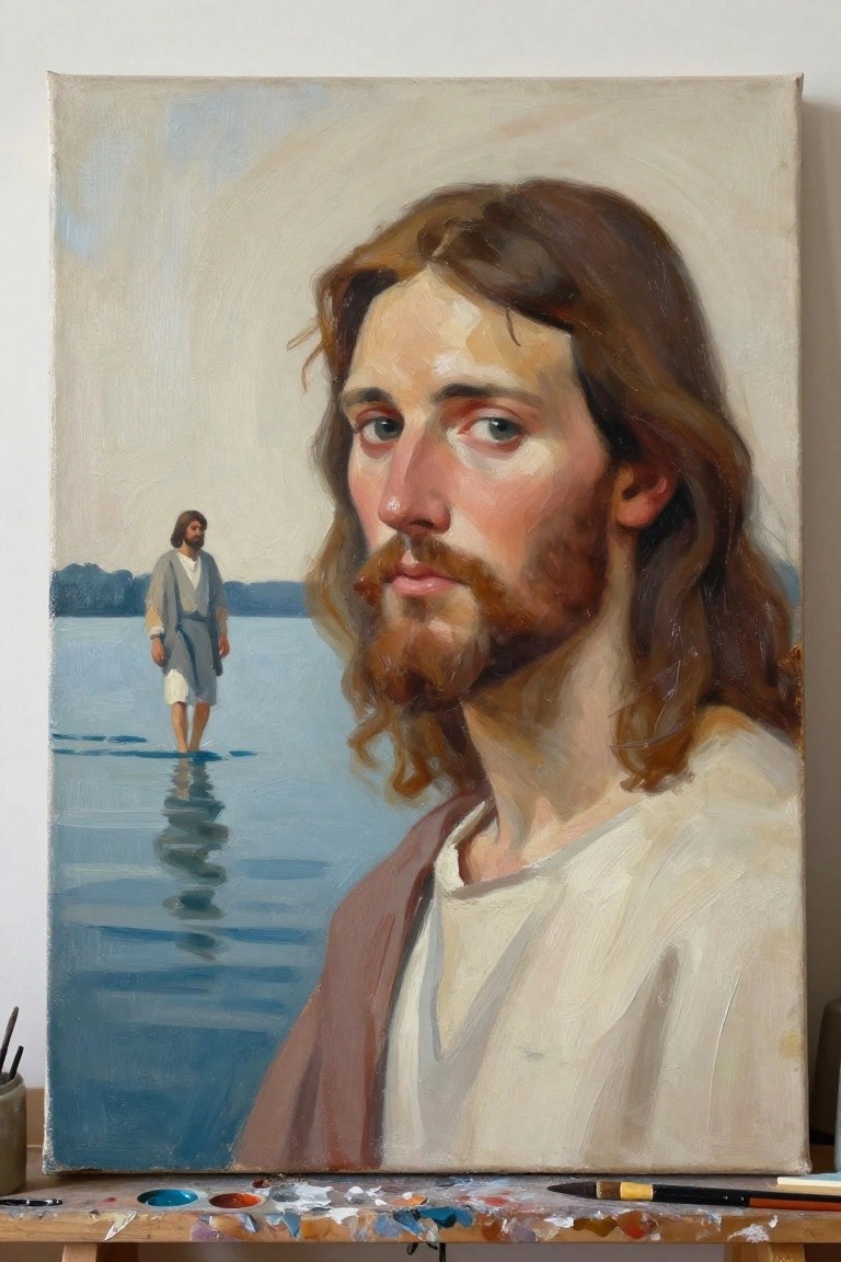 Long-haired bearded Jesus in white robe, walking-on-water scene behind, palette and brushes below