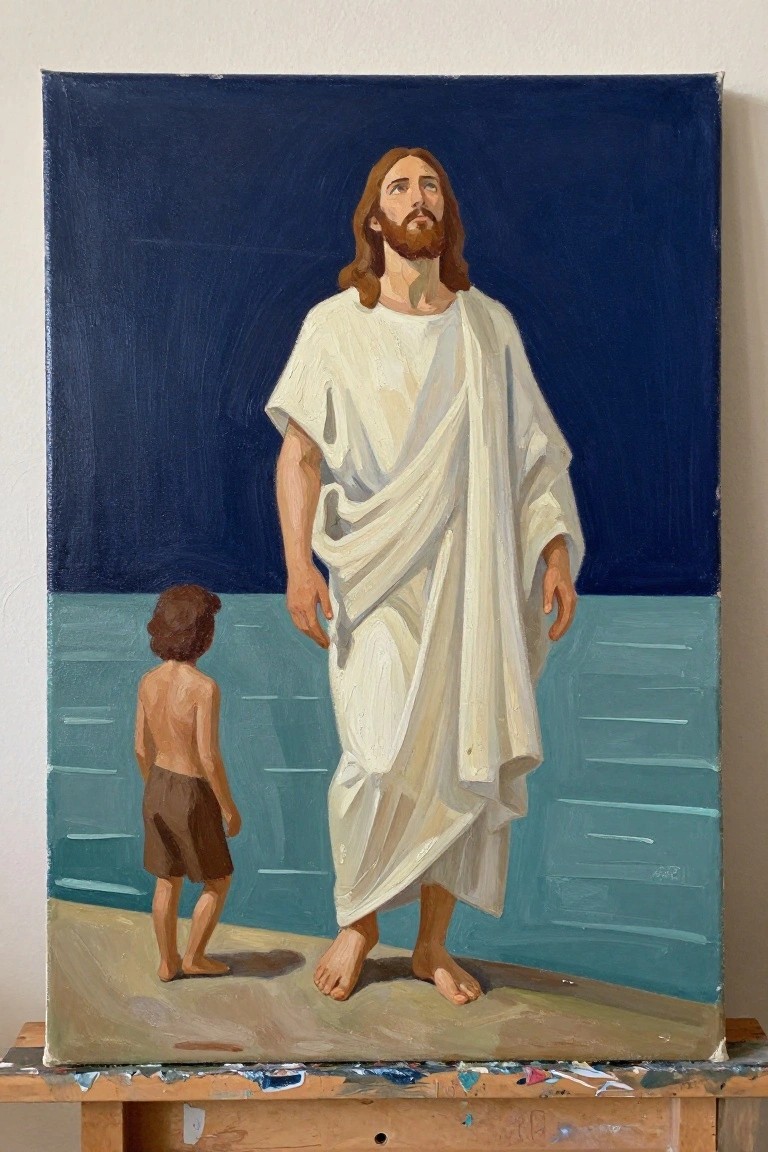 Oil painting of Jesus in white robes beside shirtless boy on wooden easel