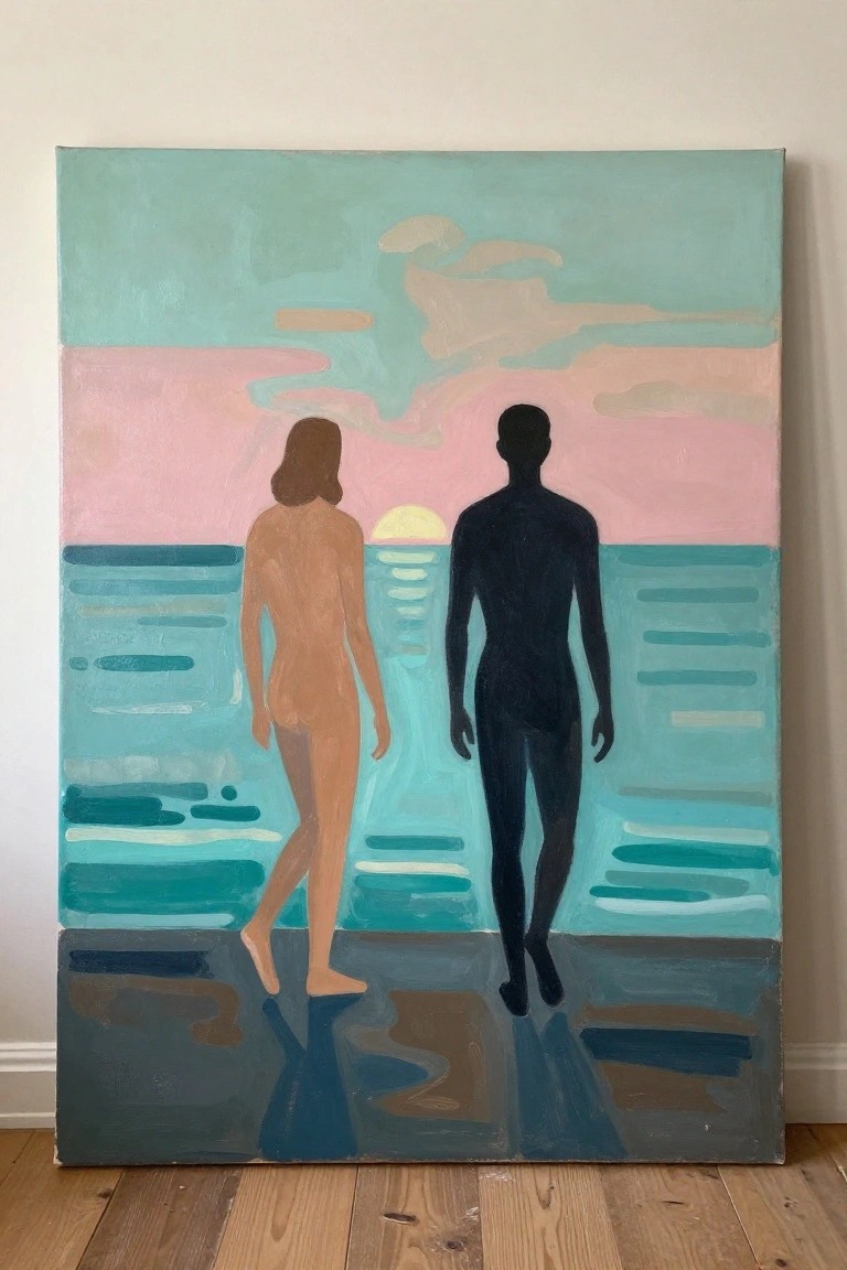 Abstract painting of nude woman and black silhouette walking toward pink sunset over sea.