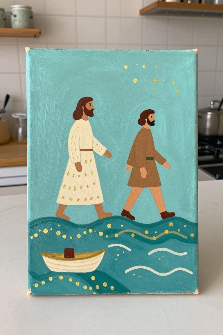 Two robed men walk on teal waves near a small boat with gold dots scattered.