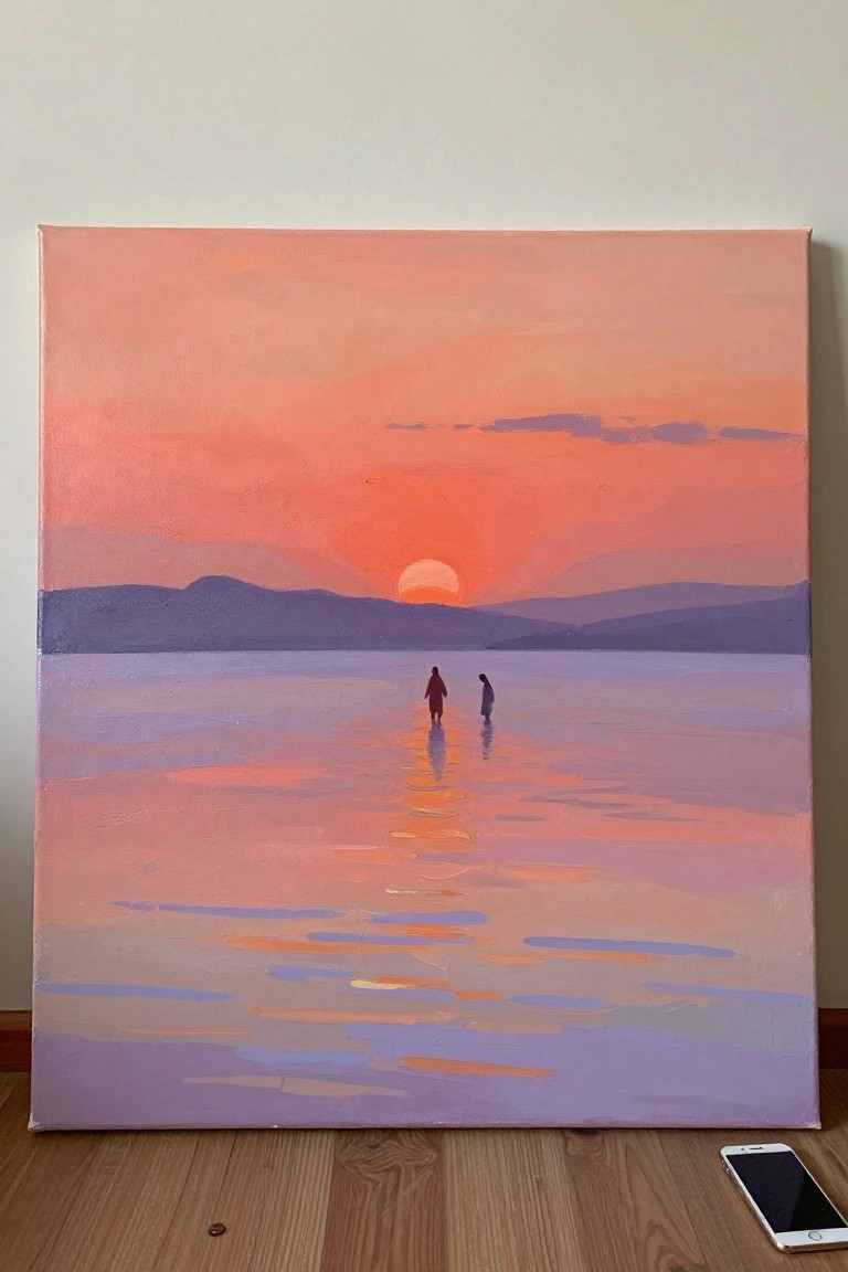 Painting of orange sunset reflected on purple water with two figures and phone nearby