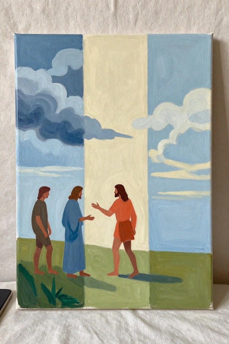 Three robed men stand gesturing on grass beneath a vertically striped cloudy sky.